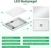 Diagram showing the components and features of an LED bathroom mirror. Produktbild-Vorschau