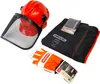 A set of personal protective equipment for chainsaw use, including a helmet with face shield, protective trousers, and gloves, laid out on a white background. Produktbild-Vorschau