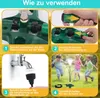 A collage of four images showing how to set up and use a garden sprinkler system, with children playing in the water in the final image. Produktbild-Vorschau