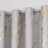 A close-up view of several gray curtains with a gold marble-like pattern, hanging from a metal curtain rod. Produktbild-Vorschau