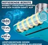 A close-up marketing image of a vacuum cleaner head with animated swirling lines indicating suction power and feature callouts. Produktbild-Vorschau