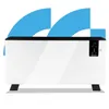A white electric heater with a black top and digital display, shown on a white background with blue graphic elements suggesting airflow. Voir les images du produit