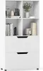 A white bookshelf with four open cubes on top and two drawers on the bottom, displaying decorative items and books. Podgląd zdjęcia produktu