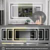 A bathroom mirror with integrated LED lighting, showing different light color temperatures and brightness levels, along with a close-up of touch controls. Produktbild-Vorschau