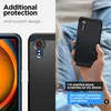 A person is holding a black phone case, with a split image showing the phone case details and a conversation bubble highlighting its features. Produktbild-Vorschau
