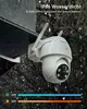 A white outdoor security camera is mounted on a wall in the rain, with text overlays indicating its waterproof rating and temperature range. Náhled obrázku produktu