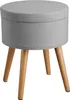 A grey upholstered round stool with wooden legs. Podgląd zdjęcia produktu