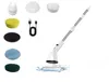 A white electric cleaning brush with multiple attachments and a USB charging cable, displayed against a white background with some water splashes around the brush head. Voir les images du produit
