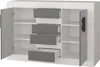 A white and gray dresser with its doors and drawers open, revealing the interior shelves and compartments. Produktbild-Vorschau