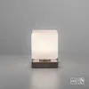 A modern cube-shaped table lamp with a frosted white shade and a dark gray base, set against a plain light gray background. Anteprima dell’immagine prodotto