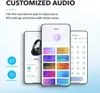 A marketing image showcasing a smartphone app interface for customizing audio settings on headphones. Produktbild-Vorschau