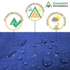 Marketing image showing features of a blue tarp with water droplets. Produktbild-Vorschau
