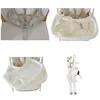 A collage of four close-up images of a white high chair with gold accents, showing its safety harness, tray with bib and utensils, detachable tray, and folded state. Náhled obrázku produktu