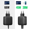 Two USB-C wall chargers are shown side-by-side, with graphics indicating their wattage and compatibility with laptops and phones. Anteprima dell’immagine prodotto