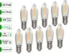 A set of ten LED filament candle bulbs arranged in rows on a white background, with informational text labels on the left side. Produktbild-Vorschau