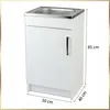 A white kitchen sink cabinet with a silver sink and handle, showing dimensions. Náhľad obrázku produktu