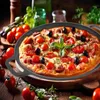 A close-up of a pizza in a cast iron pan, surrounded by fresh ingredients like tomatoes and basil, on a wooden table. Voir les images du produit