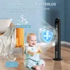 A baby is sitting on the floor playing with a rattle next to a tall black fan. The image contains text overlays and graphic elements. Anteprima dell’immagine prodotto