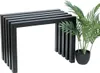 A black metal bench with a slatted top and vertical supports, placed next to a potted green plant. Produktbild-Vorschau