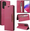 Collage of images showing a red flip wallet phone case for a Samsung Galaxy A53 5G, displaying its card slots and stand feature. Produktbild-Vorschau