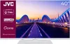 A white JVC television displaying a vibrant image of a modern city skyline with illuminated bridges at sunset. Produktbild-Vorschau