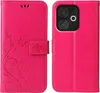 A pink flip cover phone case with floral and butterfly embossed designs is shown open, displaying the inside and the phone it protects. Produktbild-Vorschau