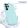 A light blue phone case is shown with water splashing around it, suggesting water resistance. Text in German indicates 'Liquid-repellent surface'. Produktbild-Vorschau