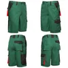 A collage of four images showing a pair of green work shorts from different angles. Produktbild-Vorschau