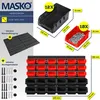 A collage of product images showing storage bins, a wall-hanging panel, and mounting hardware, with dimensions and quantities indicated. Produktbild-Vorschau