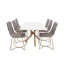 A white dining table with six gray chairs around it, set against a white background. Produktbild-Vorschau