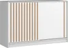 A white sideboard with wooden slatted doors and a plain white sliding door. Náhľad obrázku produktu