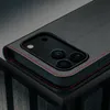 A close-up shot of the back of a black leather phone case with red stitching, showing the camera cutout. Anteprima dell’immagine prodotto