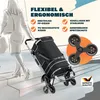A sketch of a woman walking up stairs with a shopping trolley, accompanied by marketing text and diagrams. Produktbild-Vorschau
