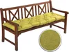 A wooden bench with a green cushion on it, shown on a white background. A close-up of the cushion's fabric texture is shown in a circular inset. Produktbild-Vorschau