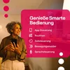 A woman is holding a smartphone and looking up, with a pink overlay on the right side of the image displaying text and icons related to smart home features. Produktbild-Vorschau