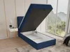 A blue upholstered bed frame with the mattress lifted, revealing storage space underneath. The bed is in a room with a large window showing a mountain landscape. Produktbild-Vorschau