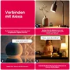 Collage of images showing how to connect a smart lamp to Alexa. Produktbild-Vorschau