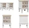 A collage of four images showing two white and wood bedside tables with two drawers each, from different angles. Produktbild-Vorschau