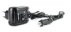 A black car battery booster charger with a European plug and a car cigarette lighter adapter is shown on a white background. Podgląd zdjęcia produktu