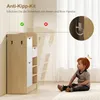 A child sits on the floor next to a shoe cabinet, with an illustration showing how to secure the cabinet to the wall. Voir les images du produit