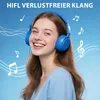 A young woman wearing blue headphones and smiling, with musical notes and sound waves in the background. Produktbild-Vorschau