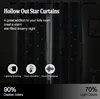 A dark room with curtains featuring hollow-out stars, with icons and text describing features. Náhled obrázku produktu