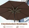 Close-up view of the underside of a brown patio umbrella, showing its metal ribs and fabric canopy. Text overlays highlight product features. Anteprima dell’immagine prodotto