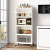 A white kitchen storage shelf with multiple compartments, containing various kitchen appliances and food items. Náhled obrázku produktu