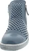 A close-up, front-facing view of a blue perforated ankle boot with a zipper on the side. Produktbild-Vorschau