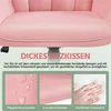 Close-up of a pink office chair seat with descriptive text and inset images highlighting features. Podgląd zdjęcia produktu