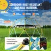 A geometric climbing dome structure set up in a grassy outdoor area, with a sunny sky on the left and a rainy sky on the right. Insets show close-ups of the product's materials and construction. Produktbild-Vorschau