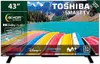 A Toshiba Smart TV displaying a scenic landscape and various app logos. Produktbild-Vorschau
