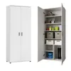 A white cabinet with two doors is shown, with one door open to reveal shelves stocked with various items. Voir les images du produit