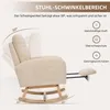 A beige rocking chair with a footrest is shown in profile, with diagrams and text highlighting its features. Voir les images du produit